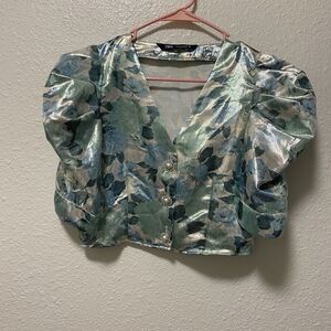 zara crop top medium metallic m green blue silver festival rave puff sleeves i8